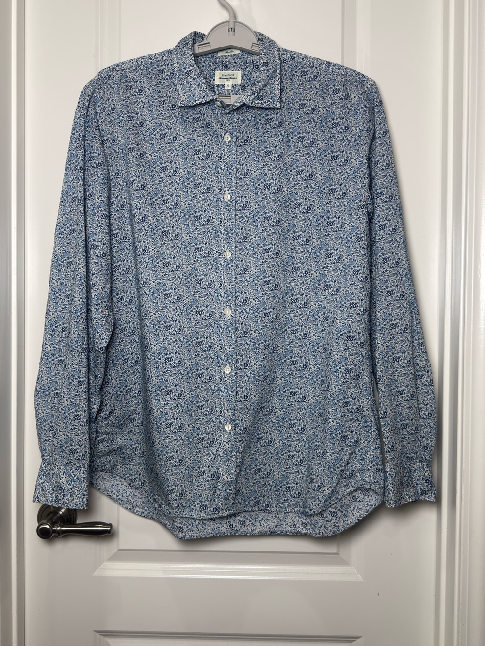 Hartford Blue Micro-Pattern Cotton Button-Up Dress Shirt